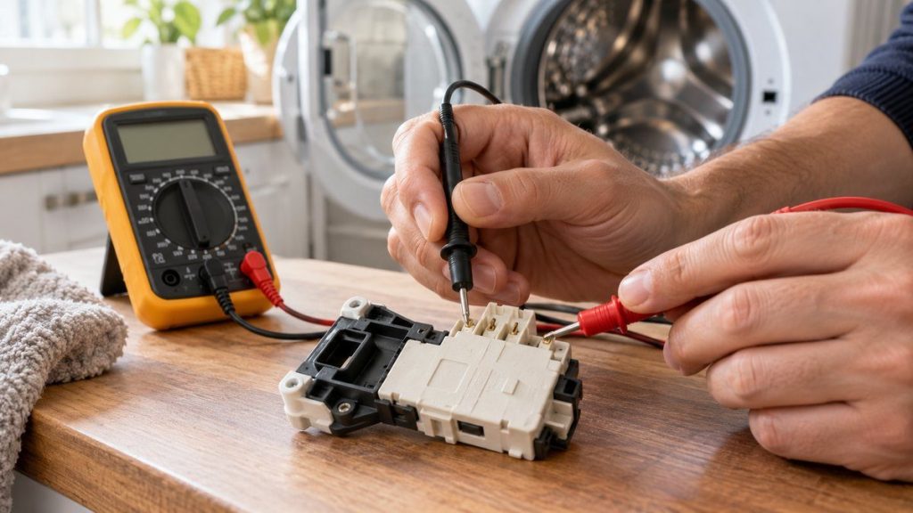 Tester la sécurité de porte d'un lave-linge en situation, en gros plan
