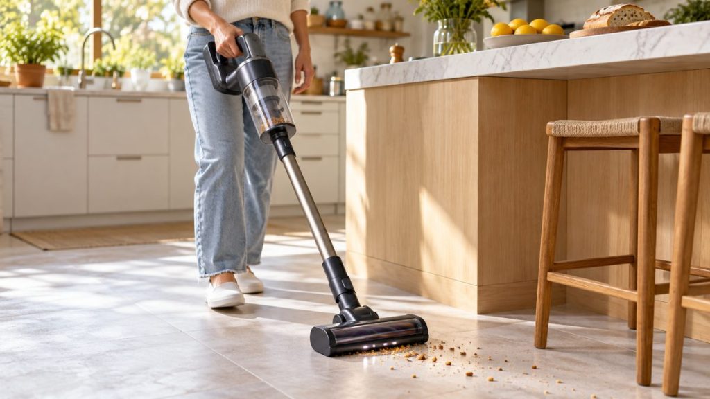 Aspirateur balai en situation, en gros plan