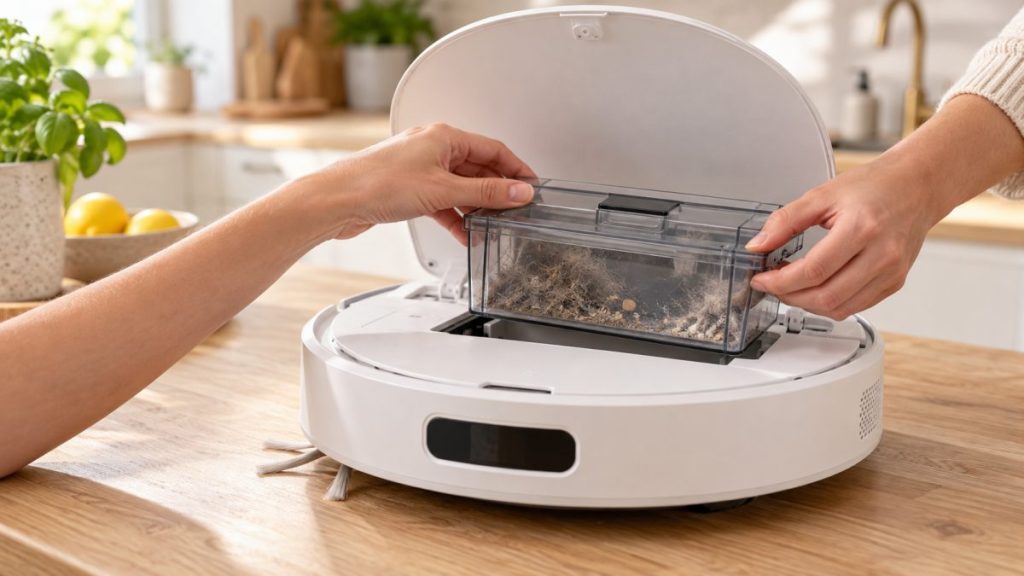 Aspirateur robot en situation, en gros plan
