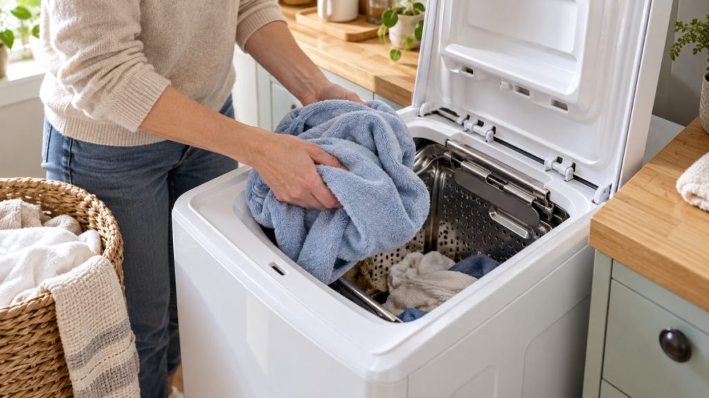 Lave-linge top en situation, en gros plan