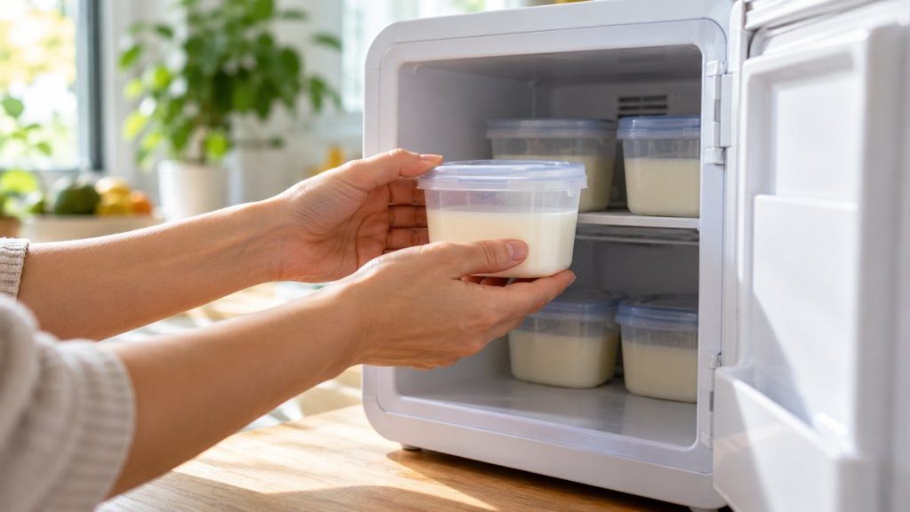 Mini-frigo lait maternel en situation, en gros plan