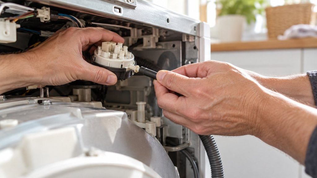 Tester le pressostat d'un lave-linge en situation, en gros plan