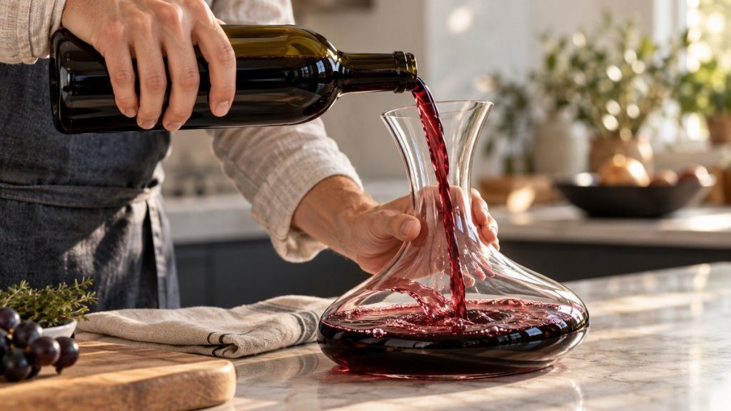 Carafe à décanter en situation, en gros plan