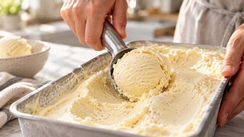 Cuillère à glace en situation, en gros plan