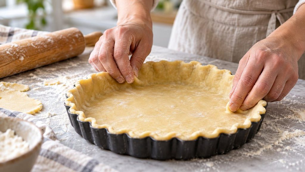 Moule à tarte en situation, en gros plan