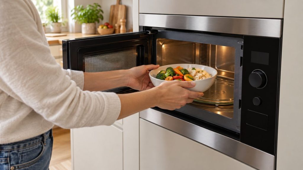 Micro-ondes encastrable en situation, en gros plan