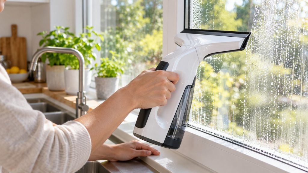 Nettoyeur de vitres en situation, en gros plan
