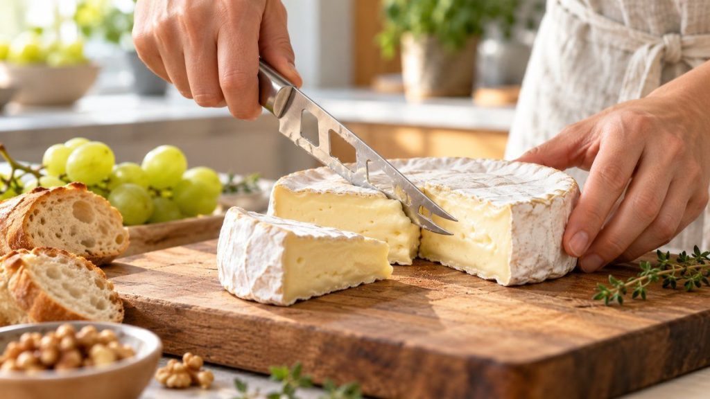 Couteau à fromage en situation, en gros plan