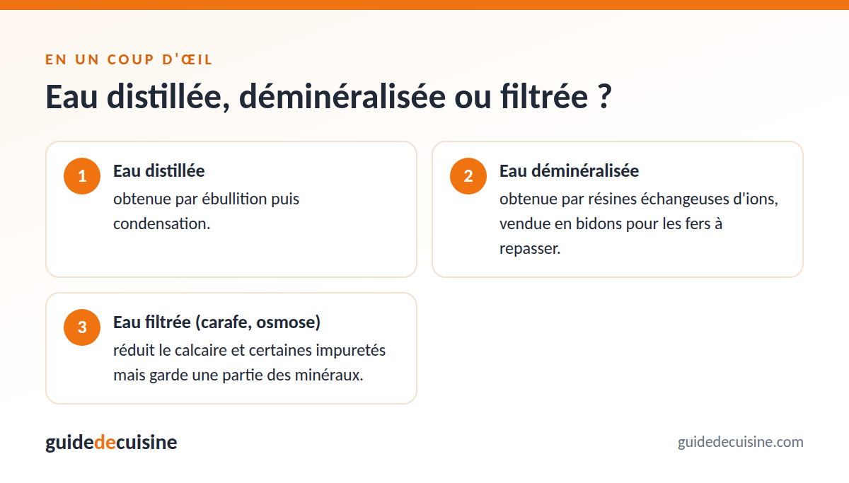 Infographie : eau distillée, déminéralisée ou filtrée ?