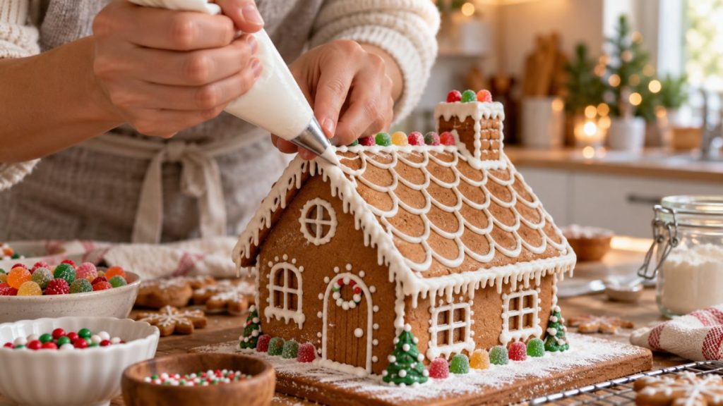 Maison en pain d'épices en situation, en gros plan