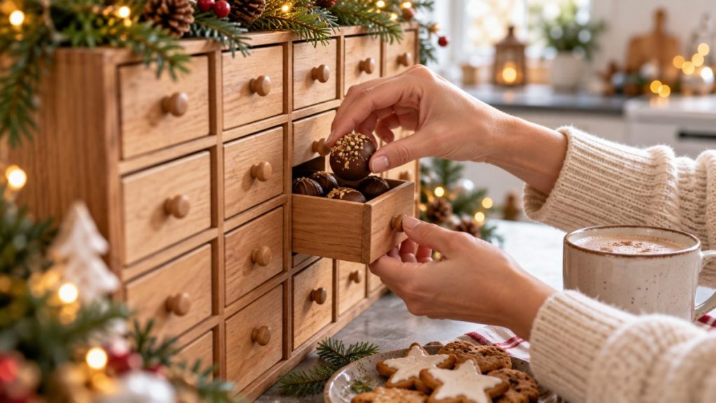 Calendrier de l'avent gourmand en situation, en gros plan