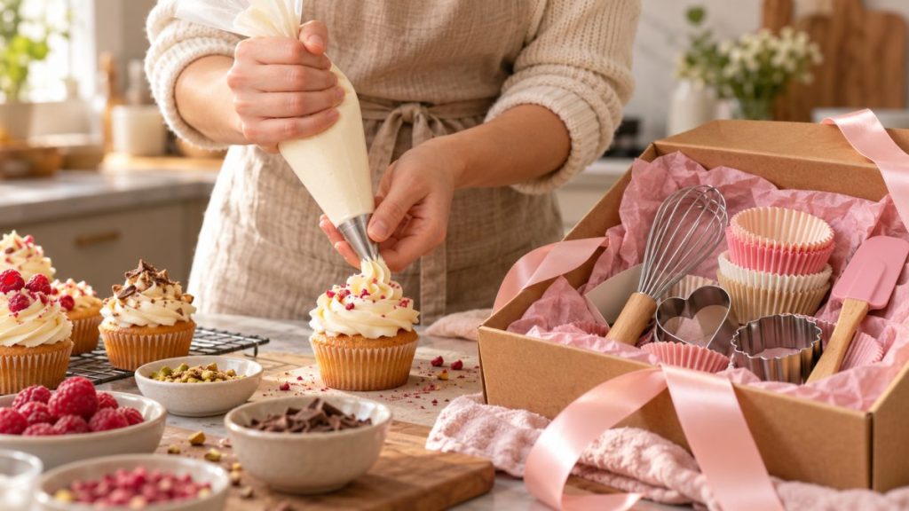 Coffret cadeau pâtisserie en situation, en gros plan