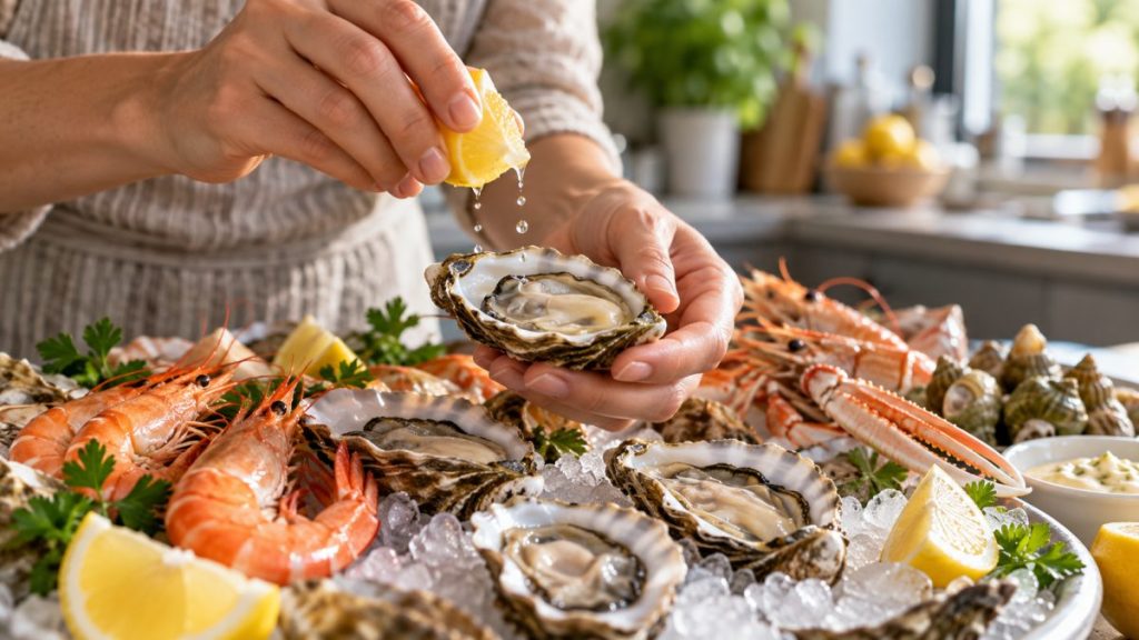 Plateau fruits de mer en situation, en gros plan