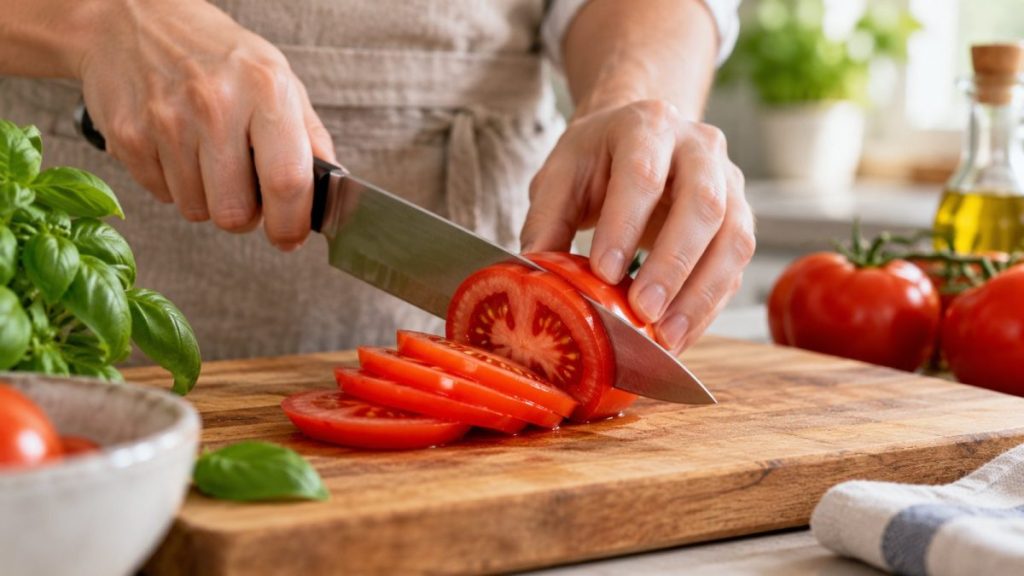 Tomate tranchée avec un couteau aiguisé