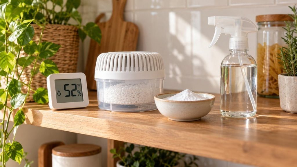 Matériel contre l'humidité : hygromètre, absorbeur, bicarbonate, vinaigre blanc