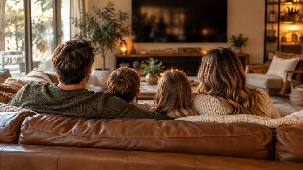 Famille sur un canapé en cuir