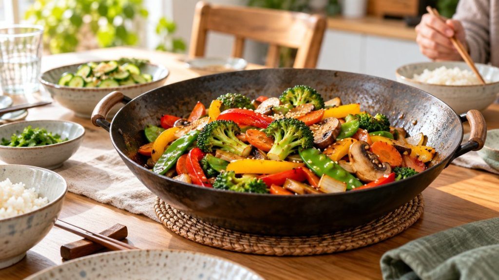 Légumes sautés au wok sur la table