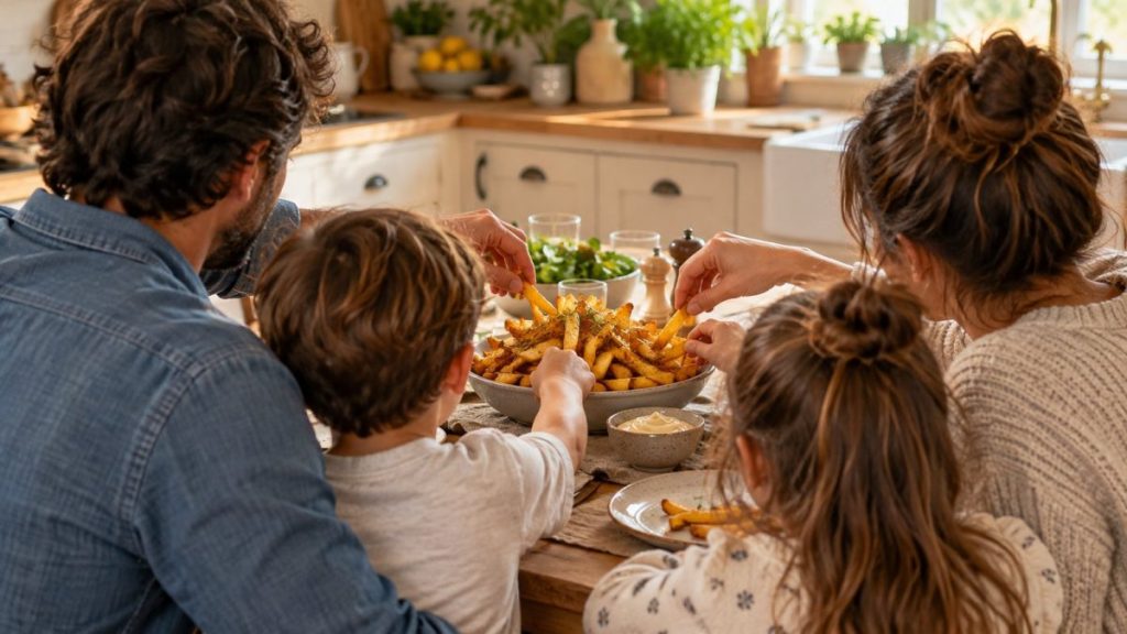 Repas en famille avec des frites maison