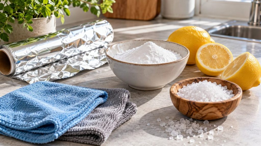 Bicarbonate, papier alu, citron et sel pour nettoyer les métaux
