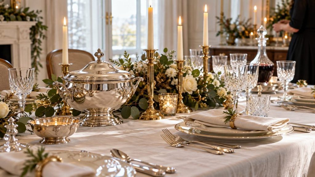 Table de fête avec argenterie brillante