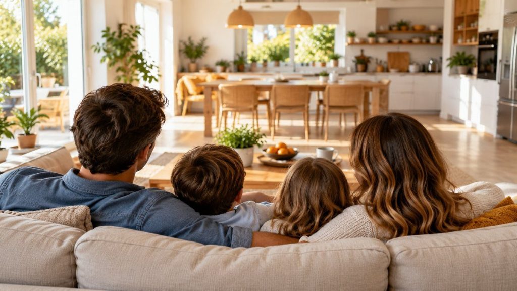 Famille sur un canapé propre