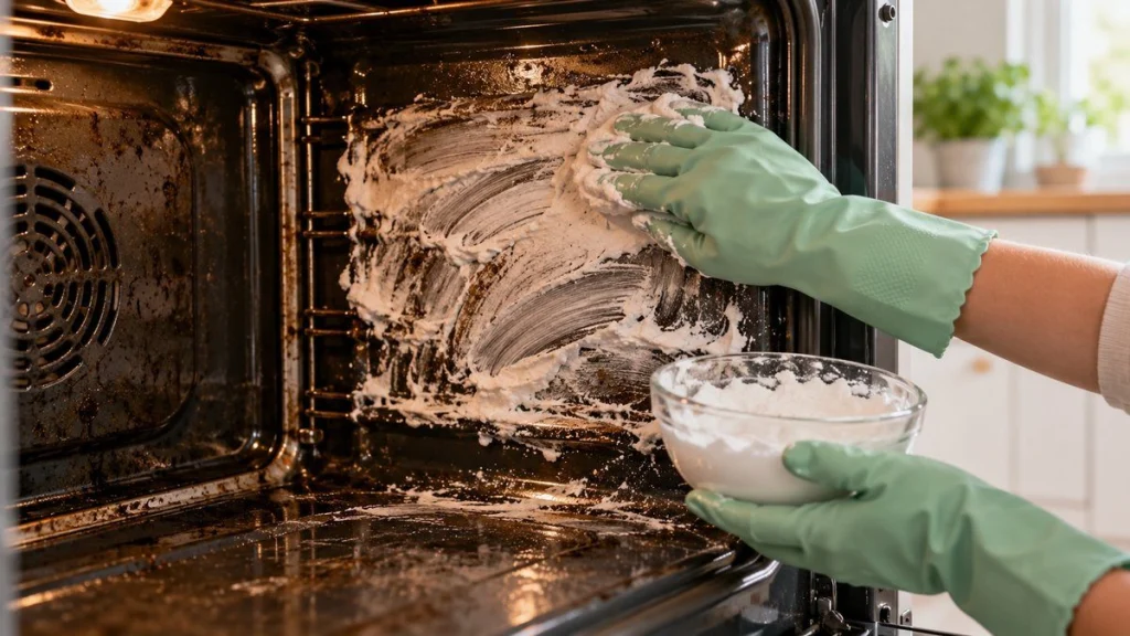 Étaler la pâte de bicarbonate dans le four