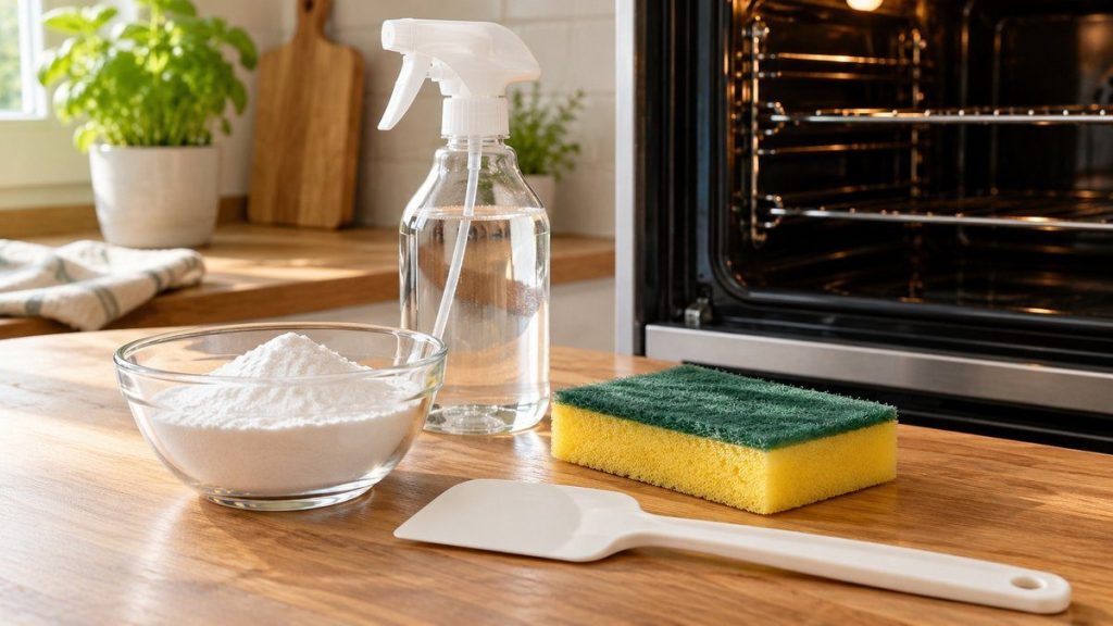 Bicarbonate, vinaigre blanc et éponge pour nettoyer le four
