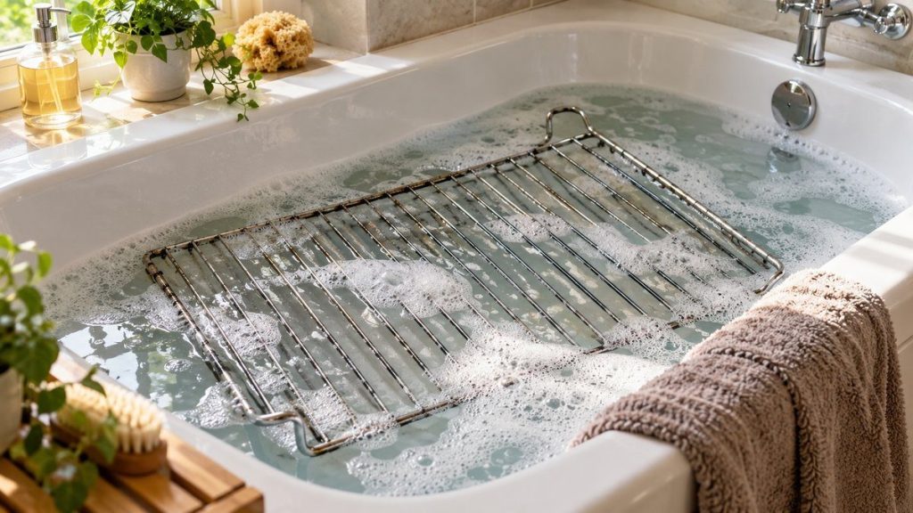Grille de four en trempage dans la baignoire