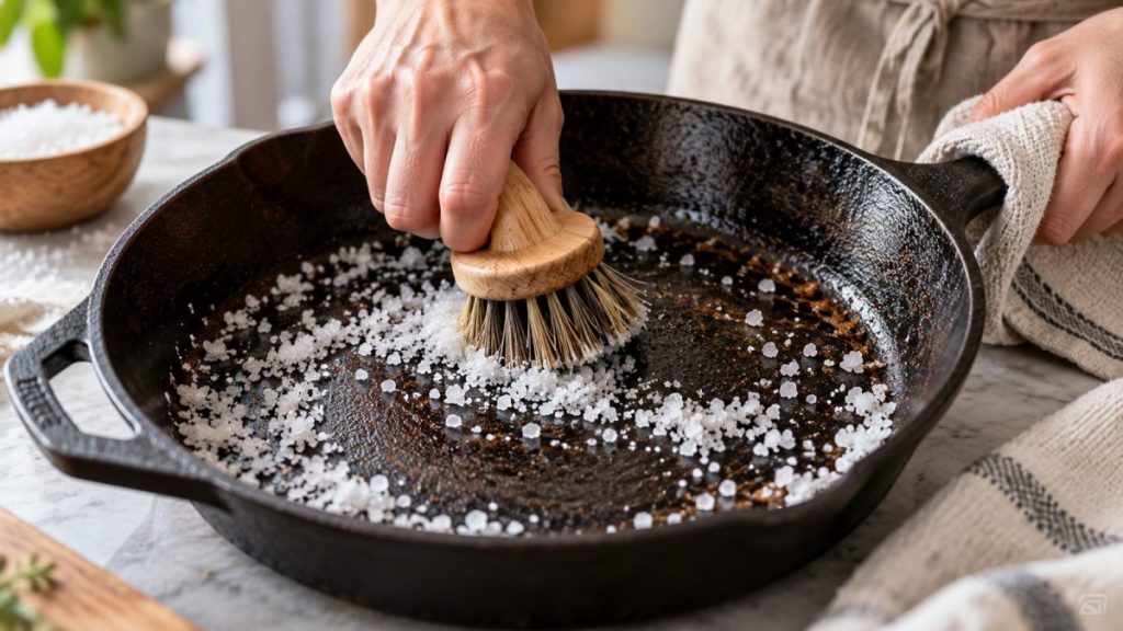 Poêle en fonte nettoyée au gros sel