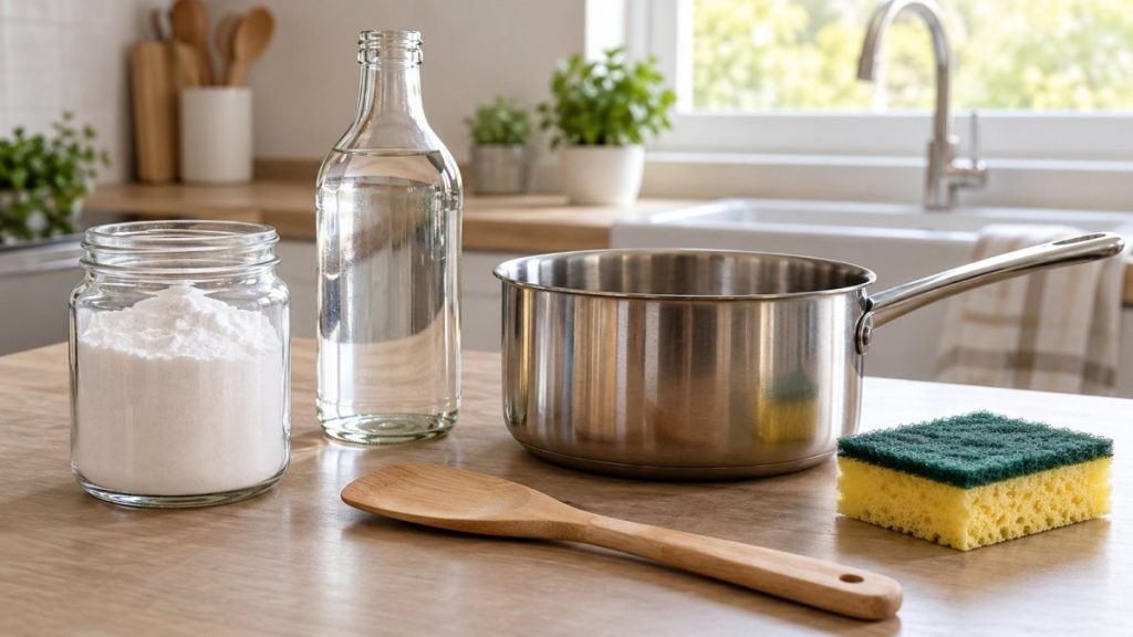 Bicarbonate, vinaigre et spatule pour casserole brûlée