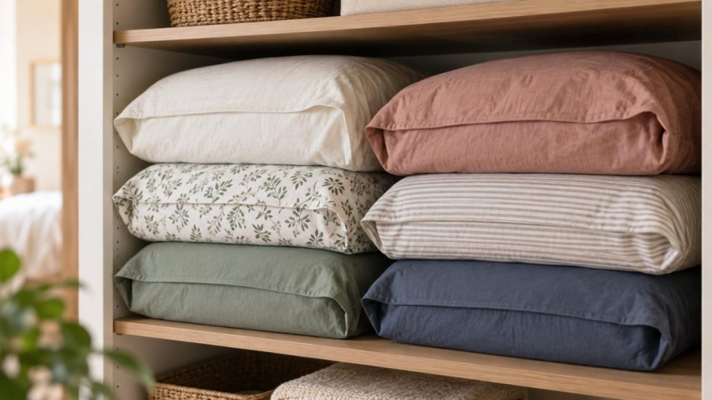 Parures de lit rangées dans leurs taies