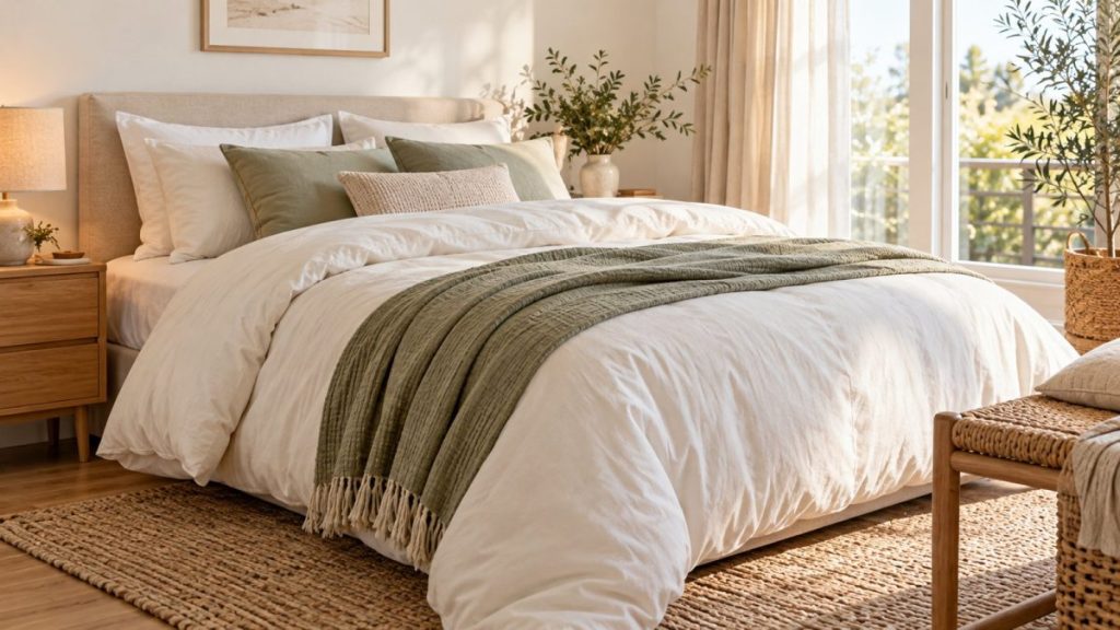 Chambre rangée avec une couette moelleuse