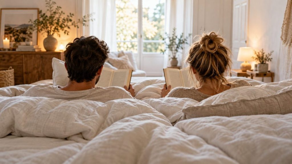 Couple dans un lit avec une grande couette